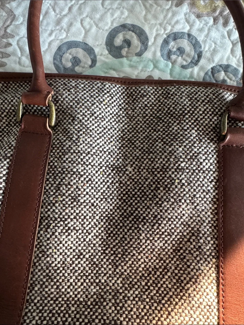 Vintage L.L. Bean Tan Tweed Tote with Brown Leather Trim and Handles